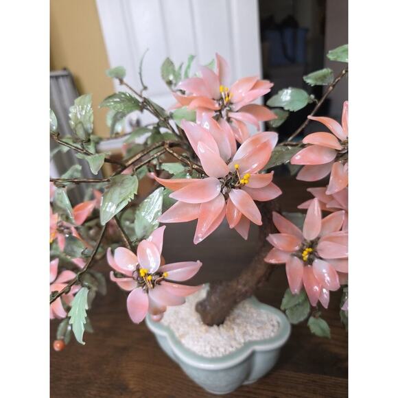 Vintage Chinese Glass Stone Jade Cherry Blossom Bonsai Tree Pink Flowers 14" - Picture 14 of 16